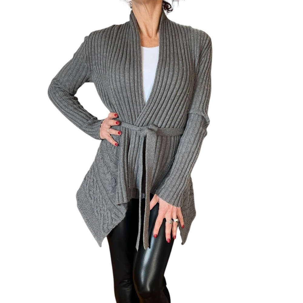 BCBG MAX AZRIA GRAY NOLAN RIBBED CABLE KNIT  BELTED WOOL CARDIGAN SWEATER XS
